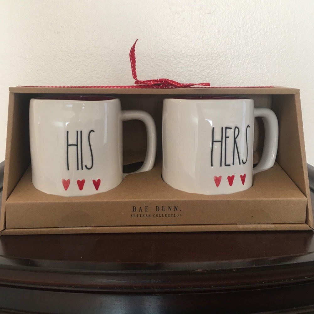 🦄 Rare ❤️ Rae Dunn HIS HERS watercolor Heart Mug Red interior doodle HTF Set ❤️